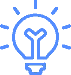 Blue lightbulb icon representing an idea or innovation with surrounding rays of light, symbolizing creativity